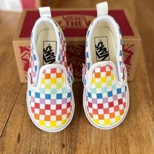 NEW Vans Kids Classic Slip-On Checkerboard Shoe in Rainbow and True White